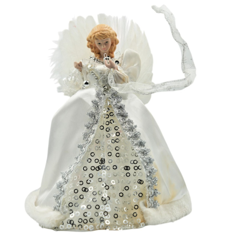 Vintage Light-Up Christmas Angel Tree Topper White Gown Silver Sequins 12"